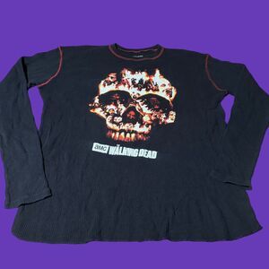 The Walking Dead Skull Zombies Logo Mens Thermal Waffle Knit Black Shirt Cotton